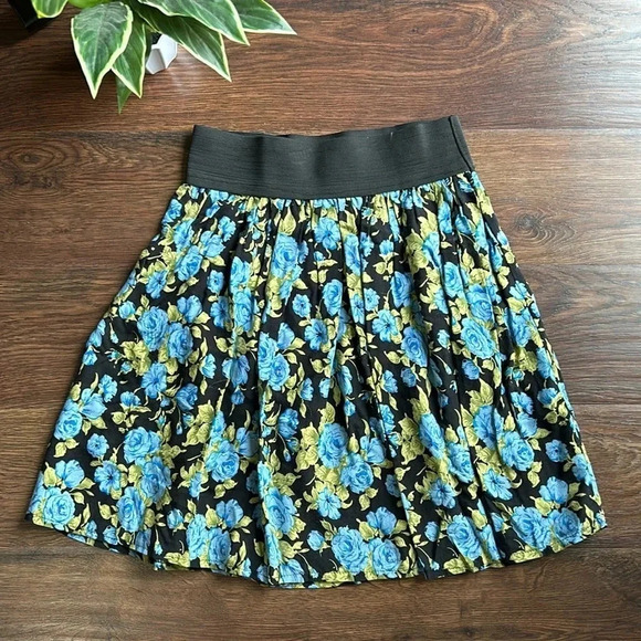 Annabelle Rose Print Skirt | Black and Blue Floral Mini Skirt | Mini Skirt - Picture 1 of 8